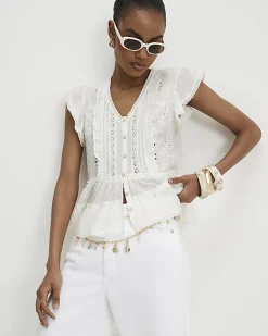 White Beaded Ruffle Smock Blouse