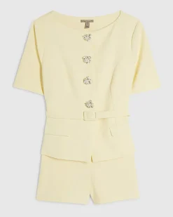 Yellow Short Sleeve Diamante Button Playsuit