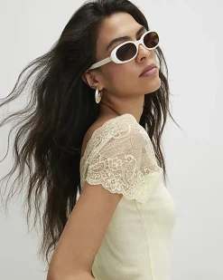 Yellow Short Sleeve Lace Trim Ruched Top