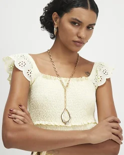 Yellow Sleeveless Shirred Broderie Top
